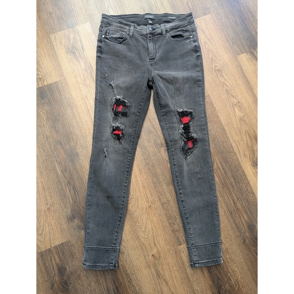 Judy Blue Jeans 30 Black Skinny Fit Patchwork Red Rare Punk‎ Grunge Skater Denim